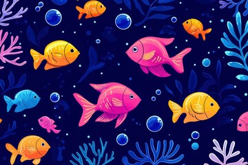 Naklejka premium Colorful Fish Swim Amongst Vibrant Underwater Plants