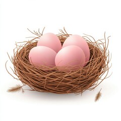 Nest featuring three pastel-colored eggs surrounded by soft feathers on a pristine white background, perfect for spring and Easter themes