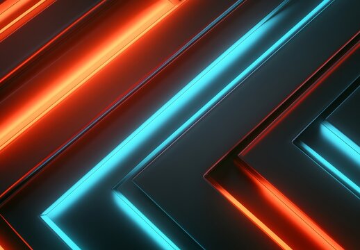 3D rendering of red and blue glowing arrows moving forward on black background