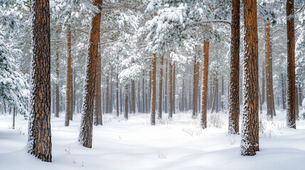 Fototapeta premium A snowy forest with tall pine trees, their branches heavy with snow, and a blanket of white snow covering the forest floor.