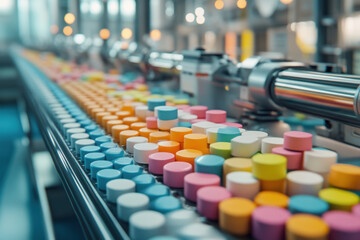 Obraz premium Toy factory, A colorful array of small, cylindrical candies on a conveyor belt inside a vibrant production facility.
