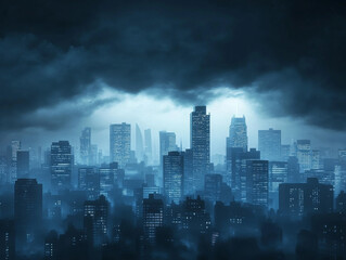 Fototapeta premium Dark clouds loom over city skyline, symbolizing economic risk.
