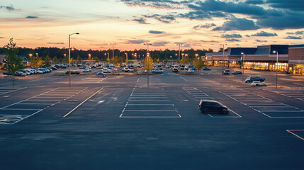 Shopping center safe auto parking lot. Rows of parked cars and a few empty spaces. Quiet suburban life.