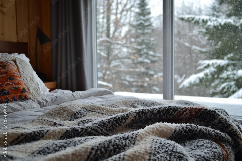 Canvas Prints Cozy Winter Bedroom Scene With Snowy View