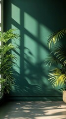 Fototapeta premium Tropical oasis in urban living: lush palm plants cast intricate shadows on a deep green wall, creating a serene and exotic atmosphere in a sunlit interior space.