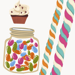 Candy set, cupcake, candy ropes, ropes, pigtails, glass jar with candy. Vector illustration is hand drawn.
