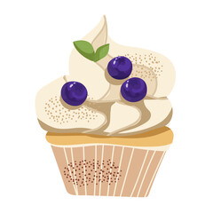 Cupcake with whipped cream, cream, with blueberries, blueberries, hand drawn vector.