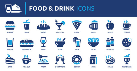 Food and drink icon set. Containing burger, soda, bread, cocktail, pizza, beer, apple, coffee, water and more. Solid vector icons collection.