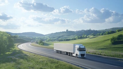 Large truck travels down highway. Trailers logistics, transportation. Freight trucking industry. Loaders carry cargo in containers, transport, deliveries. Long road trip. Big trailer drive road way.
