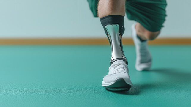 Virtual reality and accessibility, A person is running on a green surface, showcasing a high-tech prosthetic leg and athletic footwear.