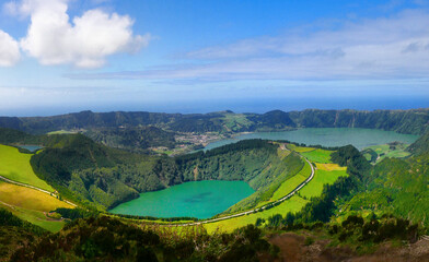 Azores, volcanic island Sao Miguel. Green crater lake  and volcanic landscape. Portugal