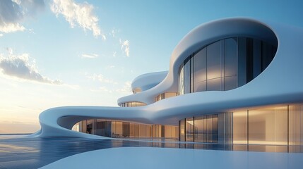 Curving white architectural facade gleaming under bright sunlight with a seamless, modern aesthetic