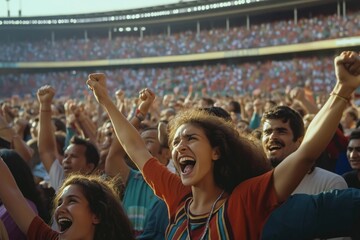 Excited crowd cheers in stadium. People with raised arms. Enthusiastic audience enjoying live music or sports event. Joyful atmosphere in large arena. Lots of people in the crowd. Many faces visible.