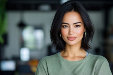 Fototapeta premium A stylish woman with dark hair in a green sweater is standing in a contemporary office space, exuding confidence and sophistication with her serene expression.