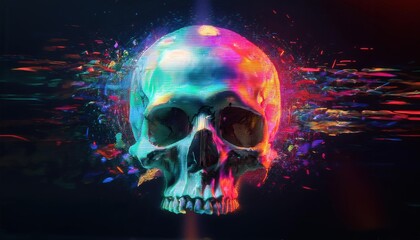 Brightly colored digital skull with glowing eyes and a glowing tail