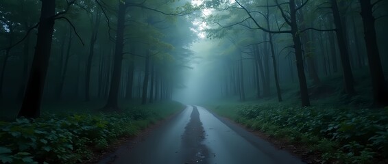 Road through the forest to the storm