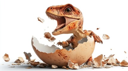 Fototapeta premium Dinosaur hatchling breaking free from its egg with scattered shell fragments on a pure white background