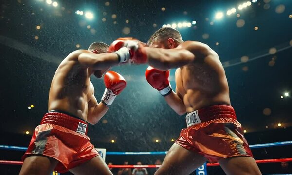 Two boxers in red gloves engage in an intense match.