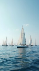 Obraz premium Several sailboats gently bob on the horizon, their white sails fluttering in the wind as they cut through the waves