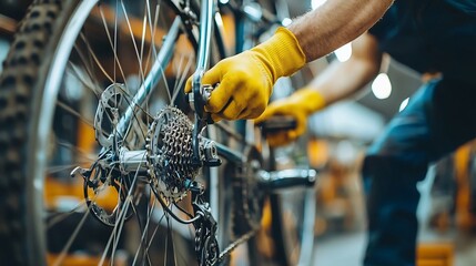 A Skilled Mechanic Repairing a Bicycle in a Clean Bright Workshop