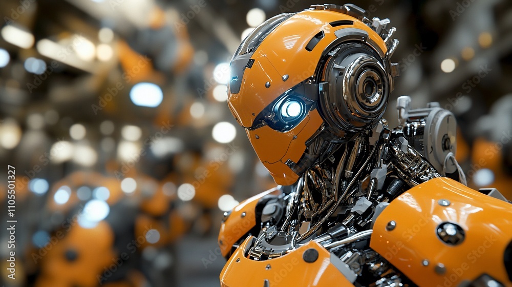 Poster close-up of a futuristic orange robot in a factory.