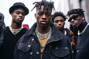 Young black men pose confidently in urban fashion. Stylish street style with various jackets and many necklaces. Group portrait outdoors in city. Trendy fashion, modern style and black men.