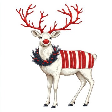recommend clip art: Festive red-nosed reindeer featuring a striped scarf and a decorative wreath poses against a white background