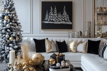 Elegant Christmas Living Room Decor With Black Gold Theme