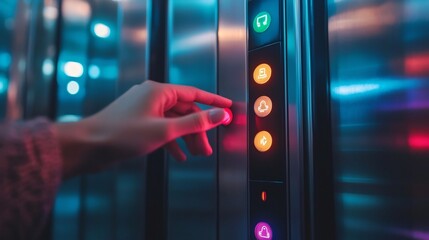 A Hand Pressing a Sleek Elevator Panel Button with Futuristic Design Elements