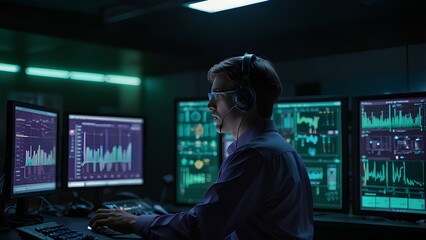 Technician Using AI-Powered Device to Diagnose Tech Issues in Modern Control Room with Neon Lighting