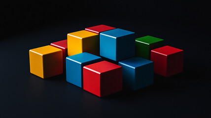 Fototapeta premium Colorful geometric blocks arranged in a creative layout on a dark surface