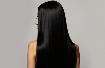 A woman with long, straight black hair is shown from the back, highlighting the sleek hairstyle and smooth texture