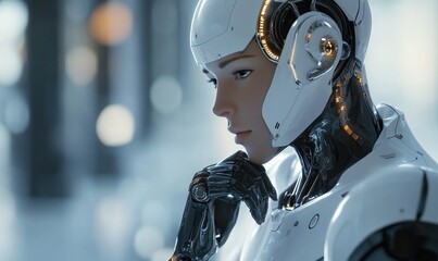Fototapeta premium Futuristic humanoid robot with sleek white and metallic design deep in thought