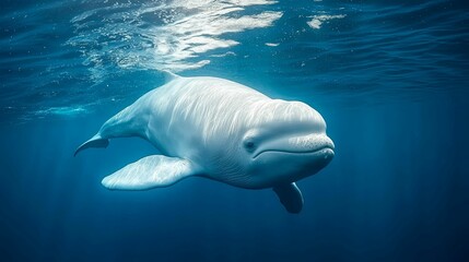 Fototapeta premium A White Beluga Whale Swims Underwater