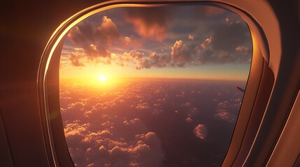 Fototapeta premium Airplane Window Sunset View Above Cloudscape
