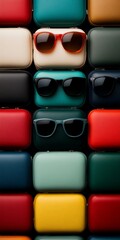 A collection of sunglasses in various colors is arranged alongside matching leather cases, showcasing style, fashion, and contemporary accessory options.