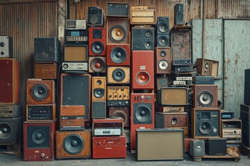 Obraz premium Vintage speakers and audio equipment stacked in rustic warehouse