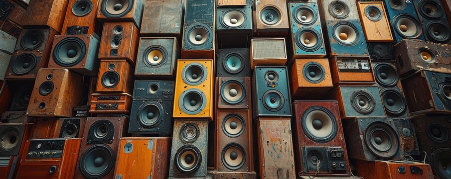 Vintage collection of various old speakers in wooden boxes