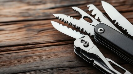 Close-up of a multi-tool with various blades extended on a rustic wooden surface, featuring a black handle and metallic components.