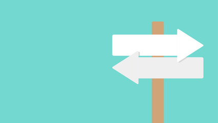 Wooden post with white blank arrows pointing left and right against a turquoise background, representing opposite directions