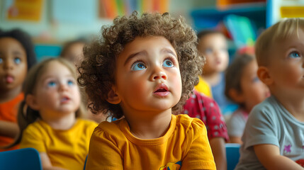Obraz premium Mixed Race Group Of Toddlers Sitting In Classroom And Looking In Awe At Their Teacher.