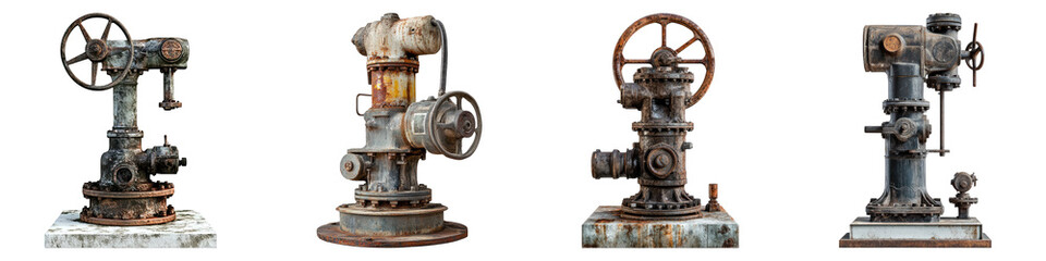 Old pump machine isolated on transparent background, Set of