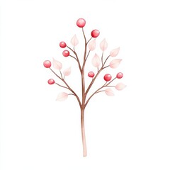 Fototapeta premium Illustration of a snow-covered branch featuring delicate red berries against a minimalist white background during winter