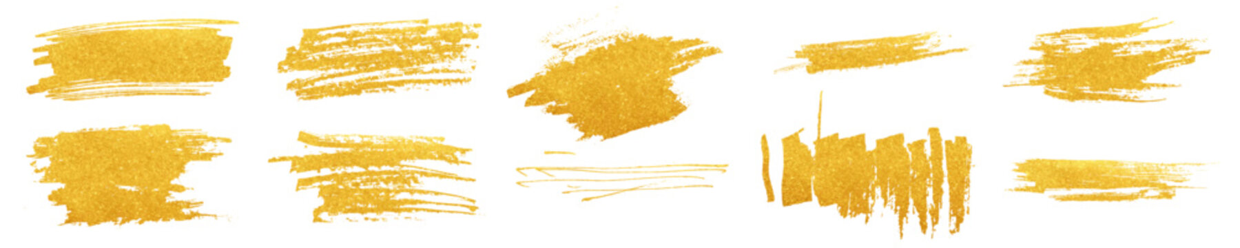 Gold brush paint strokes set. Vector hand drawn scratches. Lottery scratch win tickets design. Casino gambling card elements. Golden Christmas brush stroke scribble textures on transparent white bg
