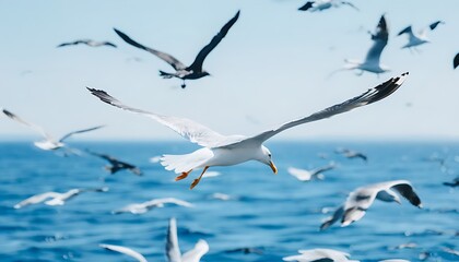 Fototapeta premium Seagulls soaring in natural beauty of ocean ecology