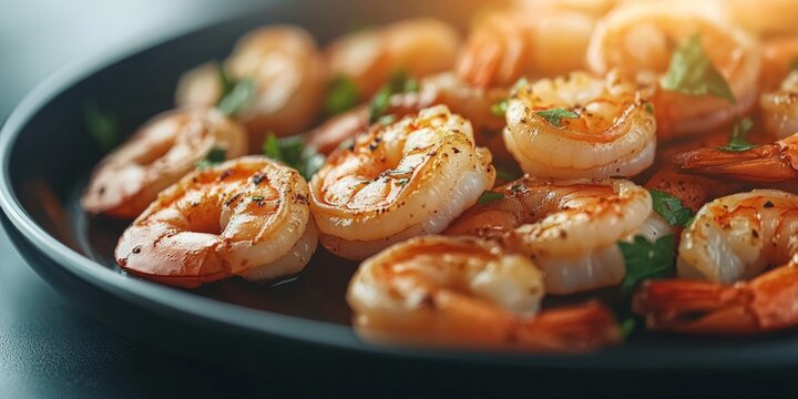Cooked shrimp are artfully arranged in a black skillet, with fresh greens and spices enhancing the appeal, perfect for a delightful culinary experience.