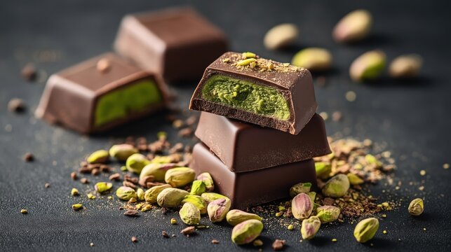 Close-up of dark chocolate squares filled with green pistachio cream surrounded by scattered whole pistachios on a dark surface