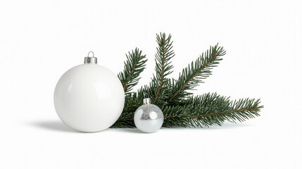 simple winter arrangement featuring white Christmas ornaments and spruce branches, evoking festive and serene atmosphere