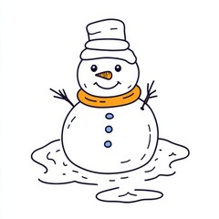 Snowman parts scattered on the ground during melting season with a bright white background