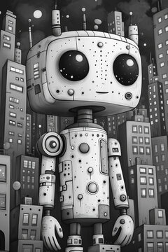 illustration robots bizarre rigolo, &eacute;trange, fun, dessin, mignon, tout-petits, adorable, joli, fun, robotique, andro&iuml;de
